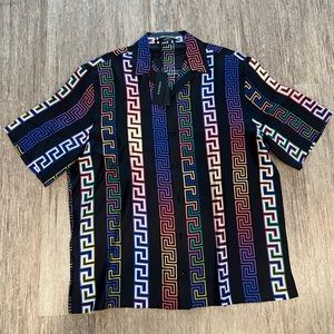 Versace Men's Black Greca Neon-print Silk Shirt